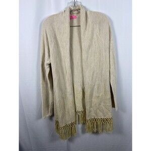 Lilly Pulitzer Open Cardigan W Fringe Bottom Cotton W Gold Threads Sz M